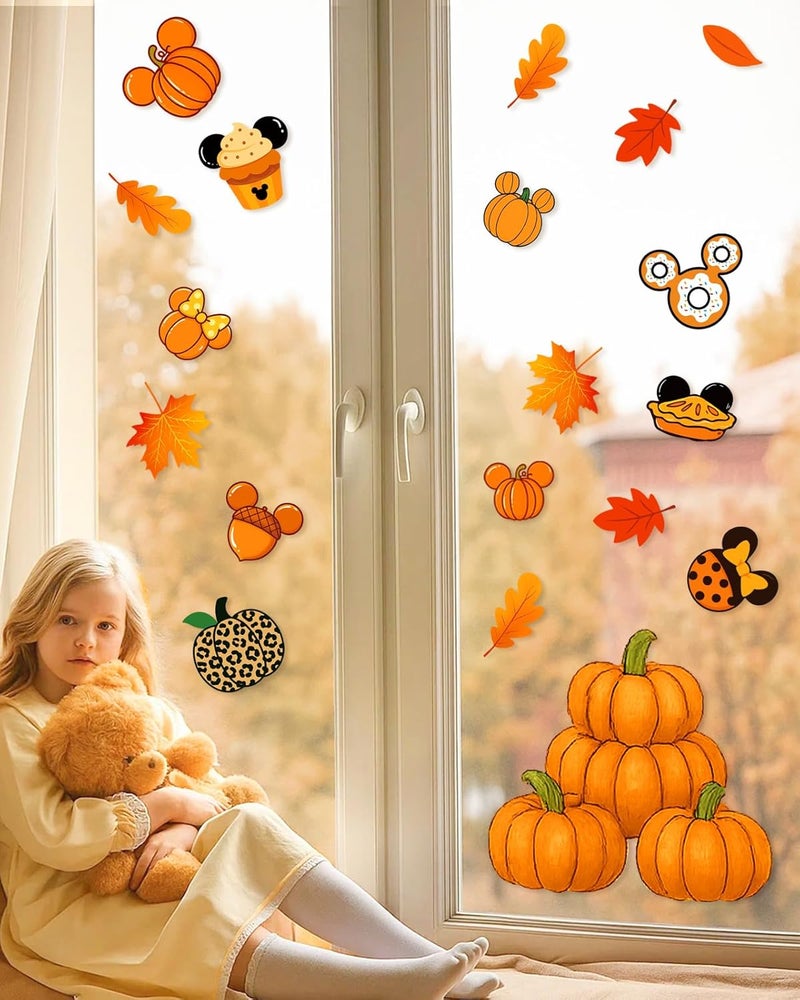 JMHACHY Fall Window Clings - 9 Sheets 149 Pcs Fall Decorations for Autumn Thanksgiving Harvest Home Party, Pumpkin Leaves Car Maple Castle Acorns Stickers for Glass, Double-Sided Static Window Decals - Image 4